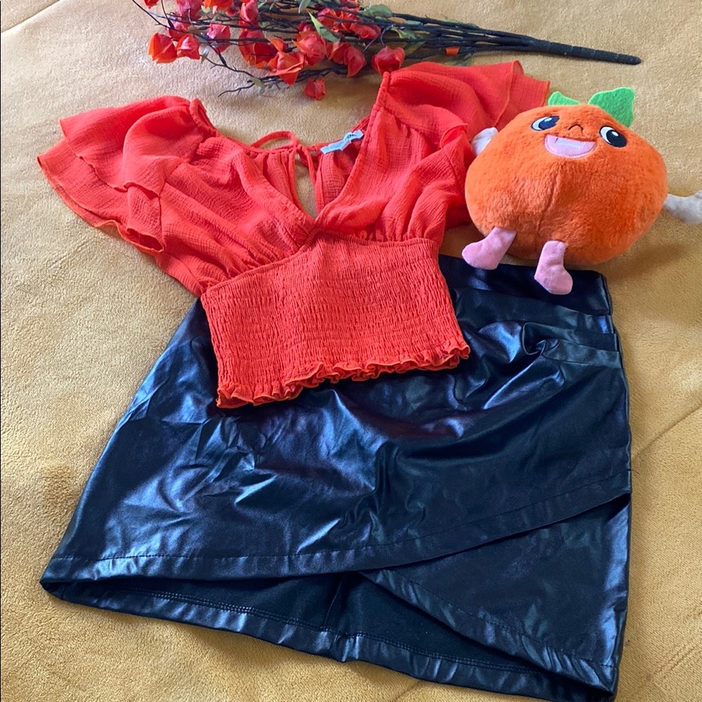 Red Ruffled Top and Black Skirt Set